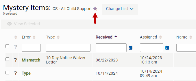 click the star to favorite a mystery items list     