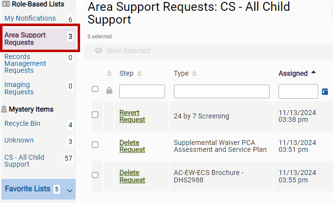 notifications list for area support requests