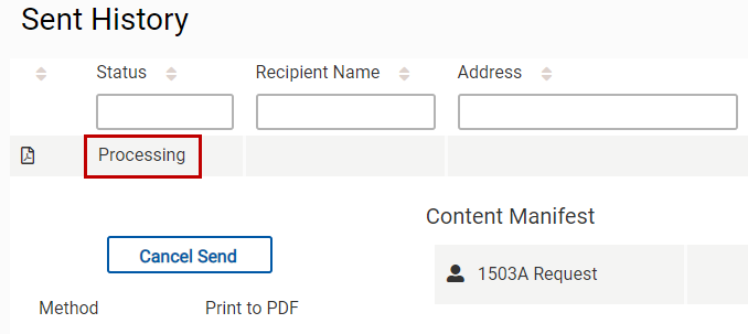 Cancel Send button Cancel Send button on Sent History page