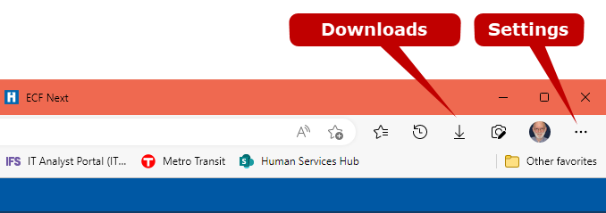 Downloads button and Settings button on browser toolbar