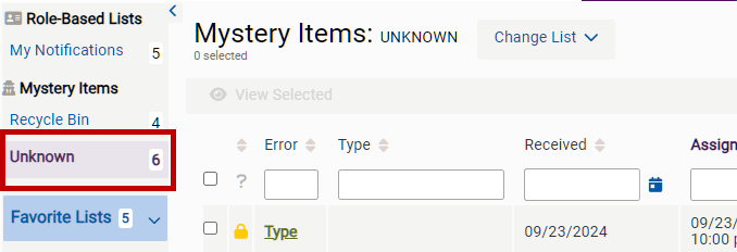 notifications list for mystery items