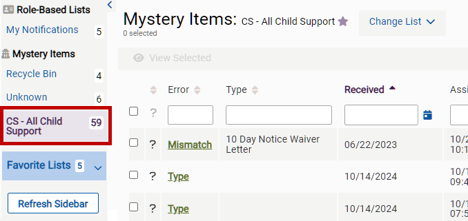 mystery items favorites list on sidebar menu