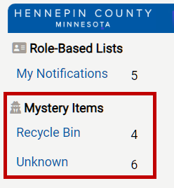 mystery items link and recycle bin link on sidebar menu