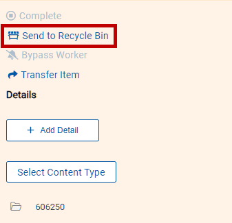 send to recycle bin link on sidebar menu