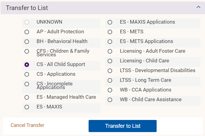 selections for transferring mystery item