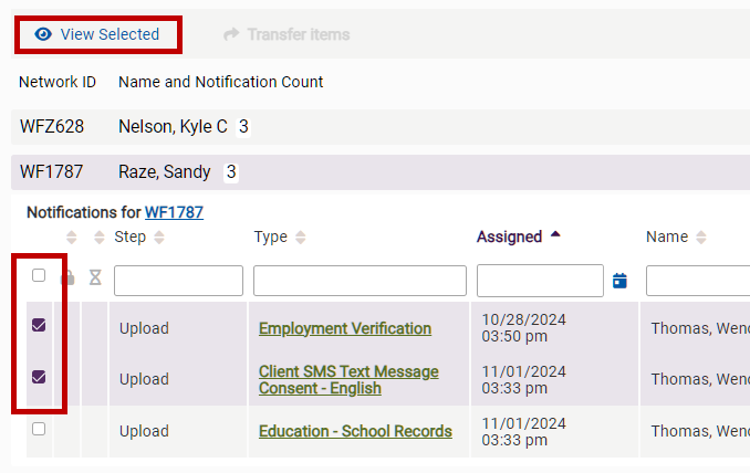 select check boxes and click View Selected to open multiple notifications