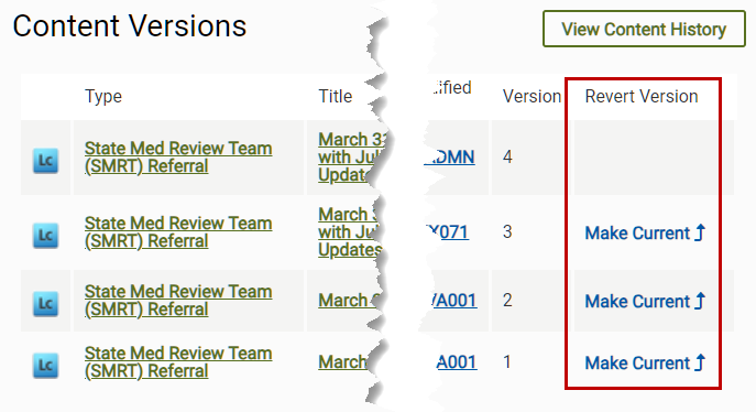 Revert Verion column on Content Versions page