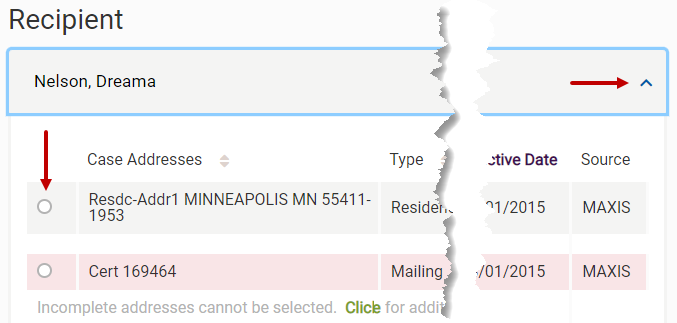 select recipient address for sending content