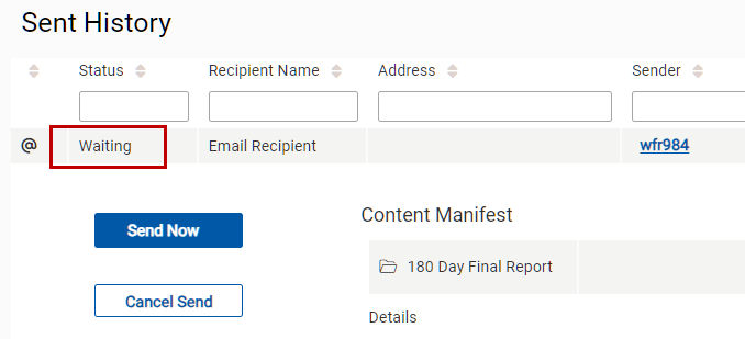 Cancel Send and Send Now buttons Cancel Send and Send Now buttons on Sent History page