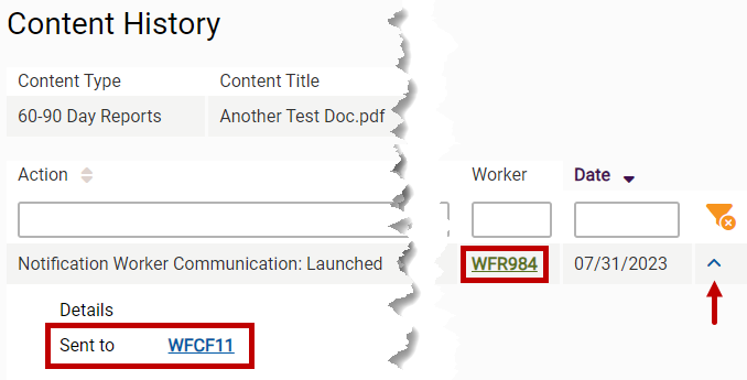 Content History page showing worker communication 